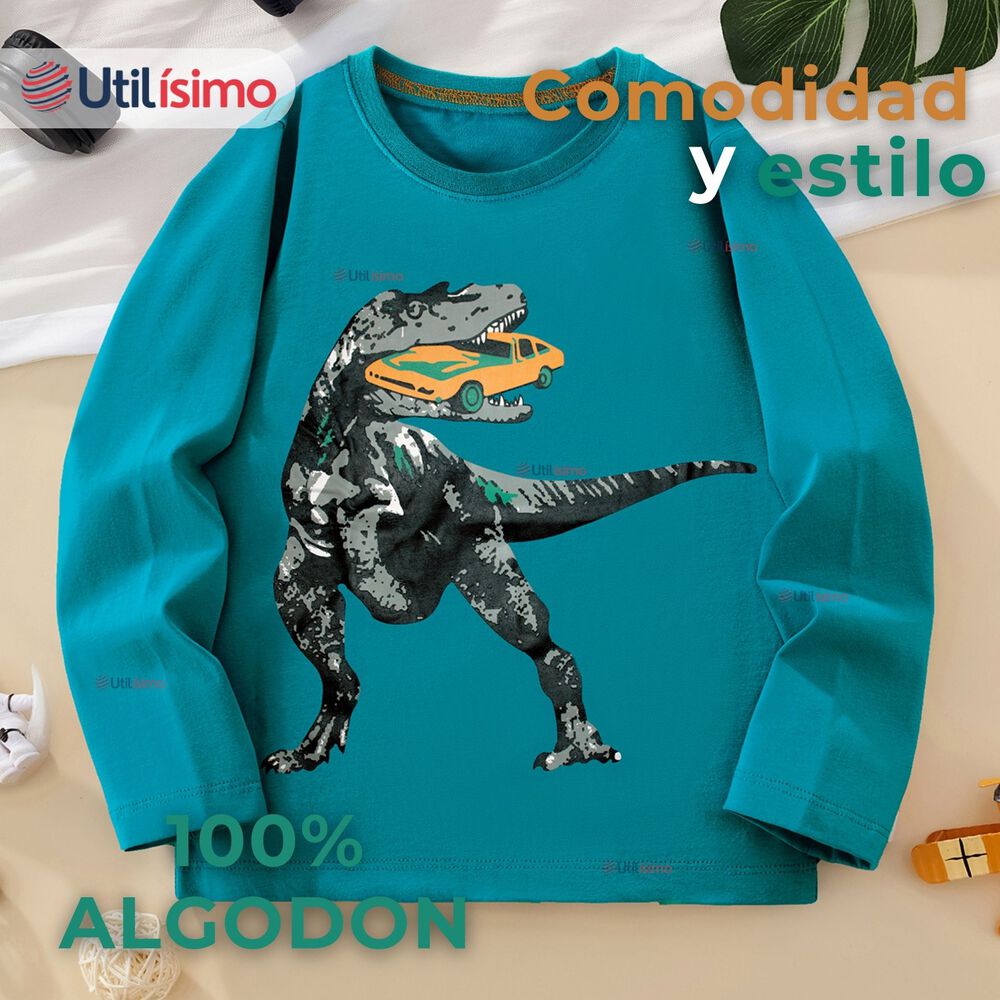 Polera Manga Larga Niño 100% Algodón Dinosaurio Verde Camiseta image number 1.0