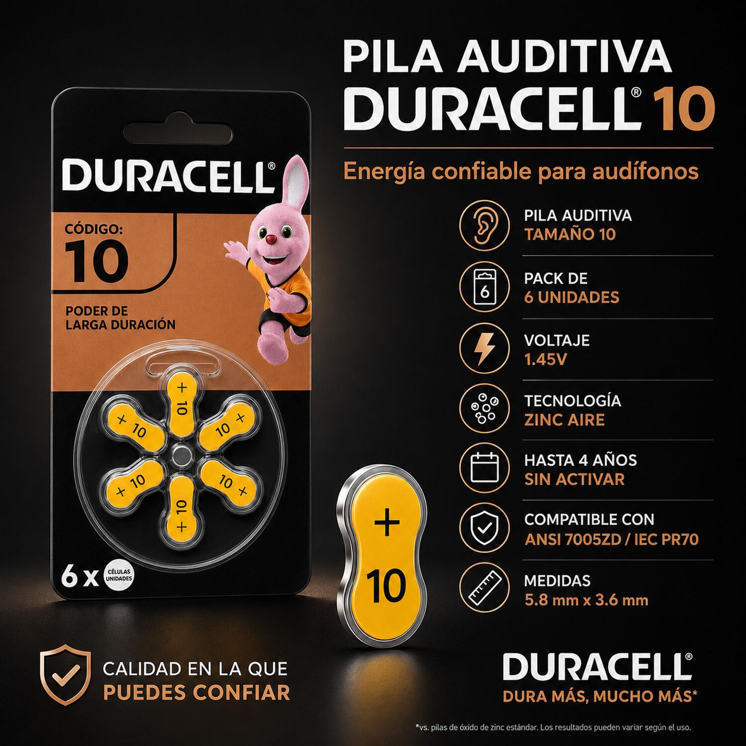 Pila Duracell 10 Auditiva Pack De 6u - 1.45v Larga Duraci&oacute;n image number 5.0