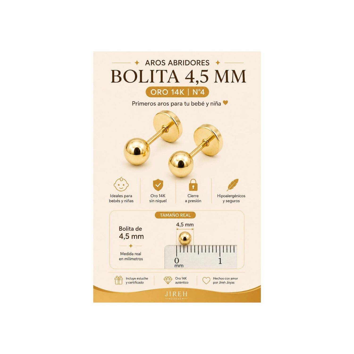Aros Abridores Bolita 4.5mm N4 Oro14k Beb&eacute; Ni&ntilde;a Hipoalerg&eacute;nico Dorado image number 4.0