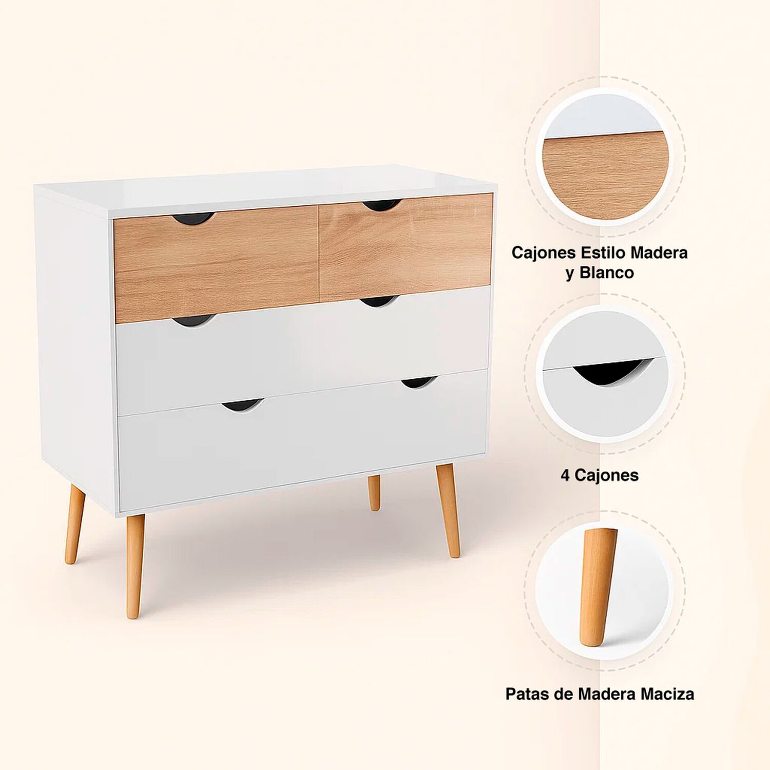 C&oacute;moda 4 Cajones Blanca Madera Mdf image number 8.0