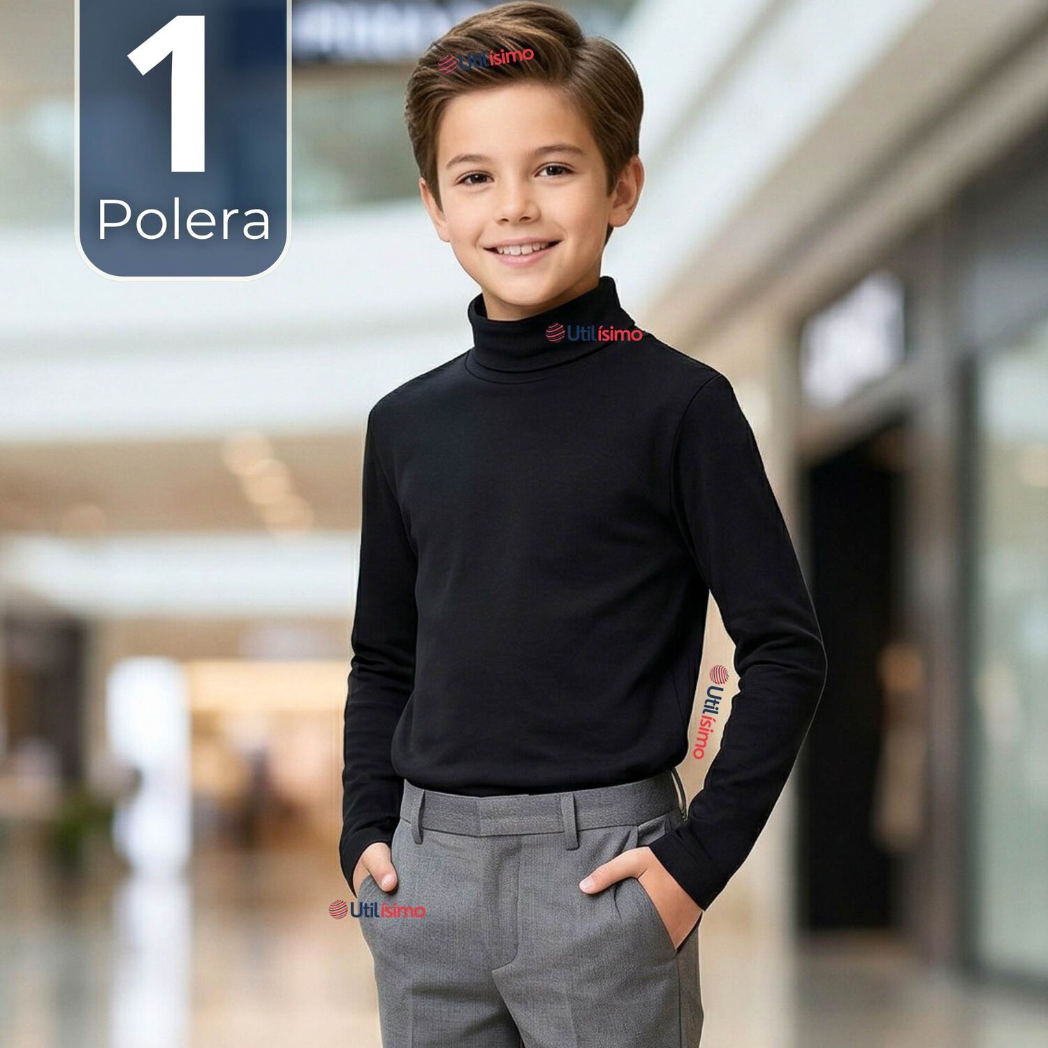 Polera Camiseta Polar Negra Primera Capa Beatle Manga Larga Ni&ntilde;o image number 0.0