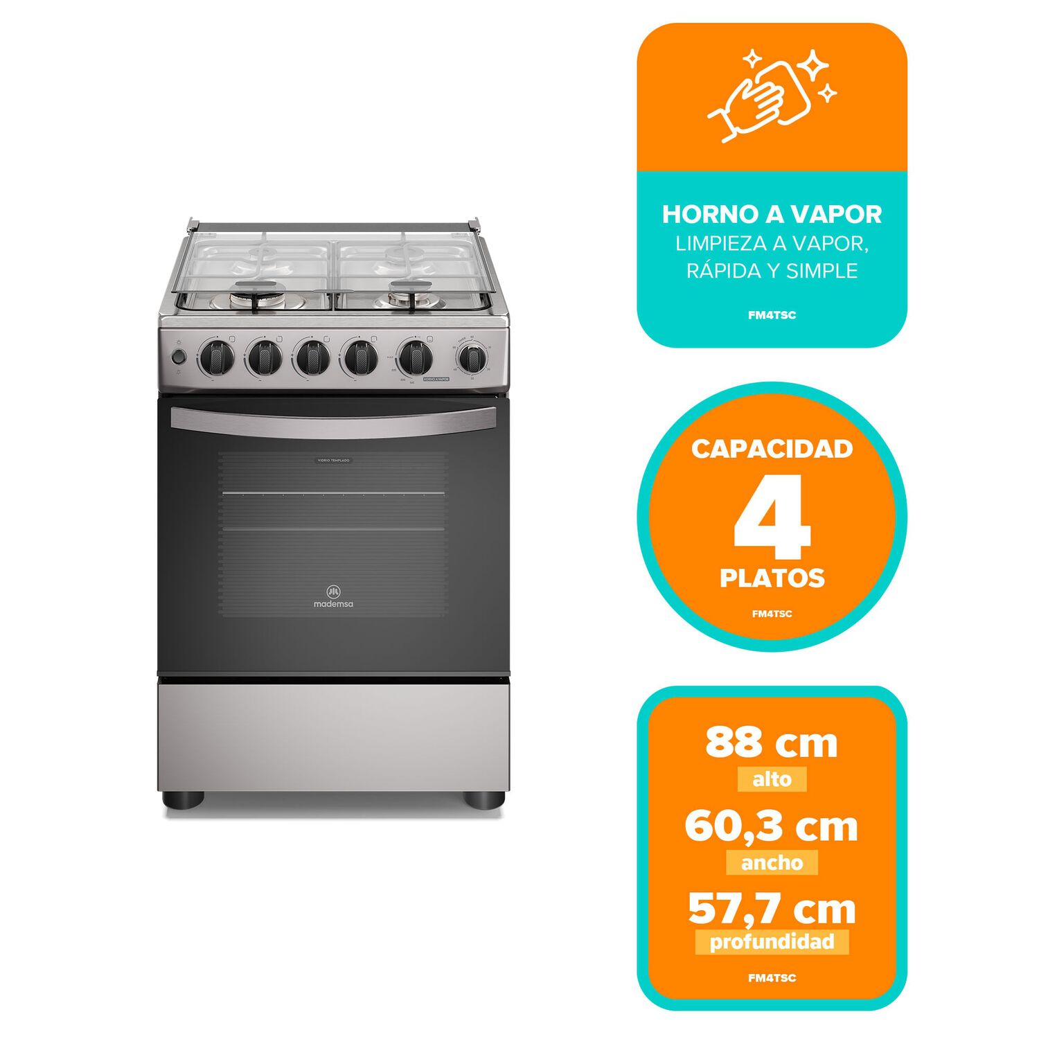 Cocina A Gas 4 Platos Horno Vapor Y Temporizador Fm4tsc Silver image number 1.0