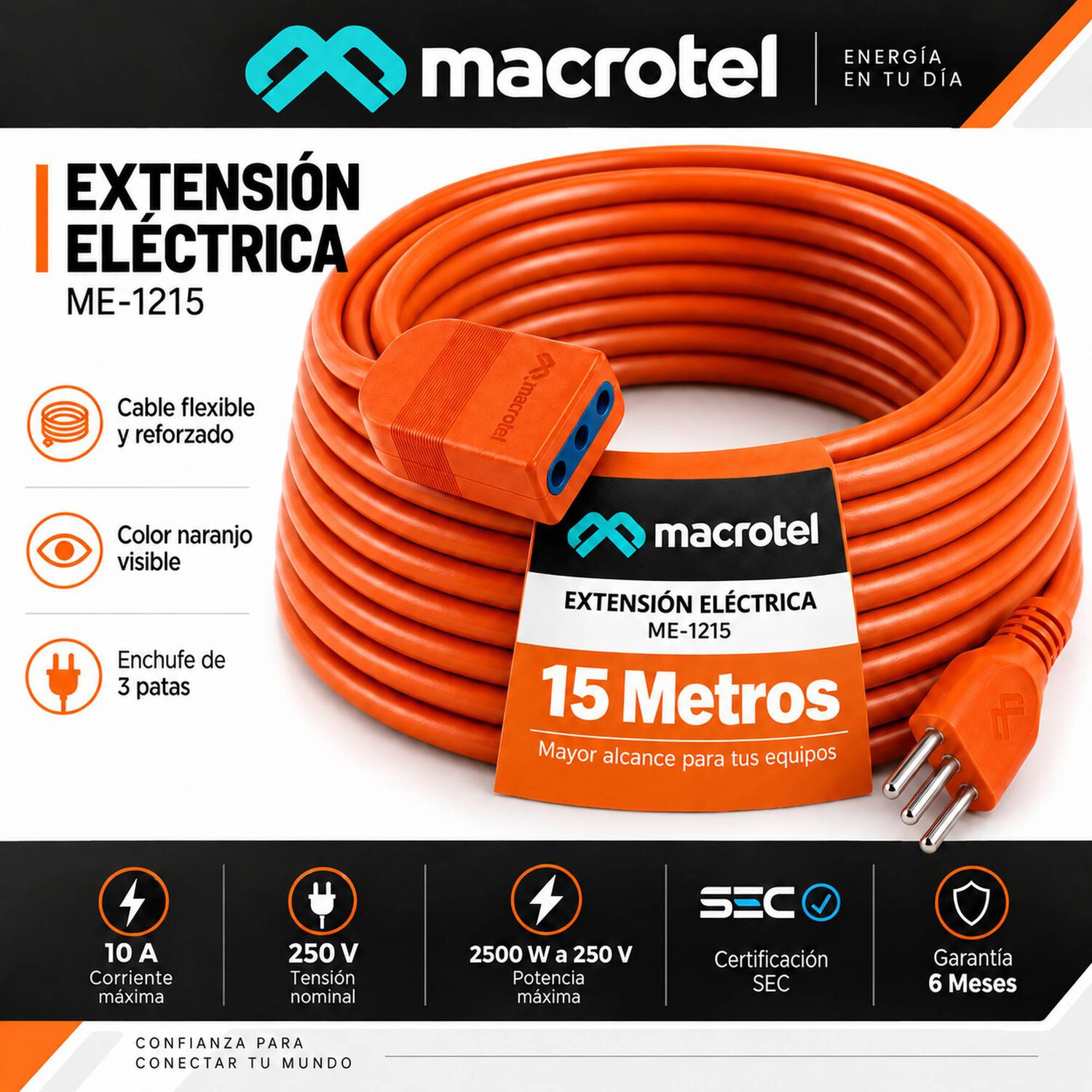 Extensi&oacute;n El&eacute;ctrica Macrotel Me-1215 15 M Naranjo image number 7.0