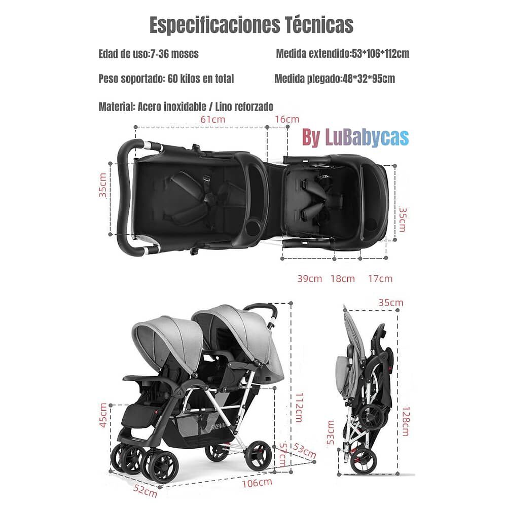 Coche Doble Duo Reclinable Plegable Gris By Lubabycas image number 7.0