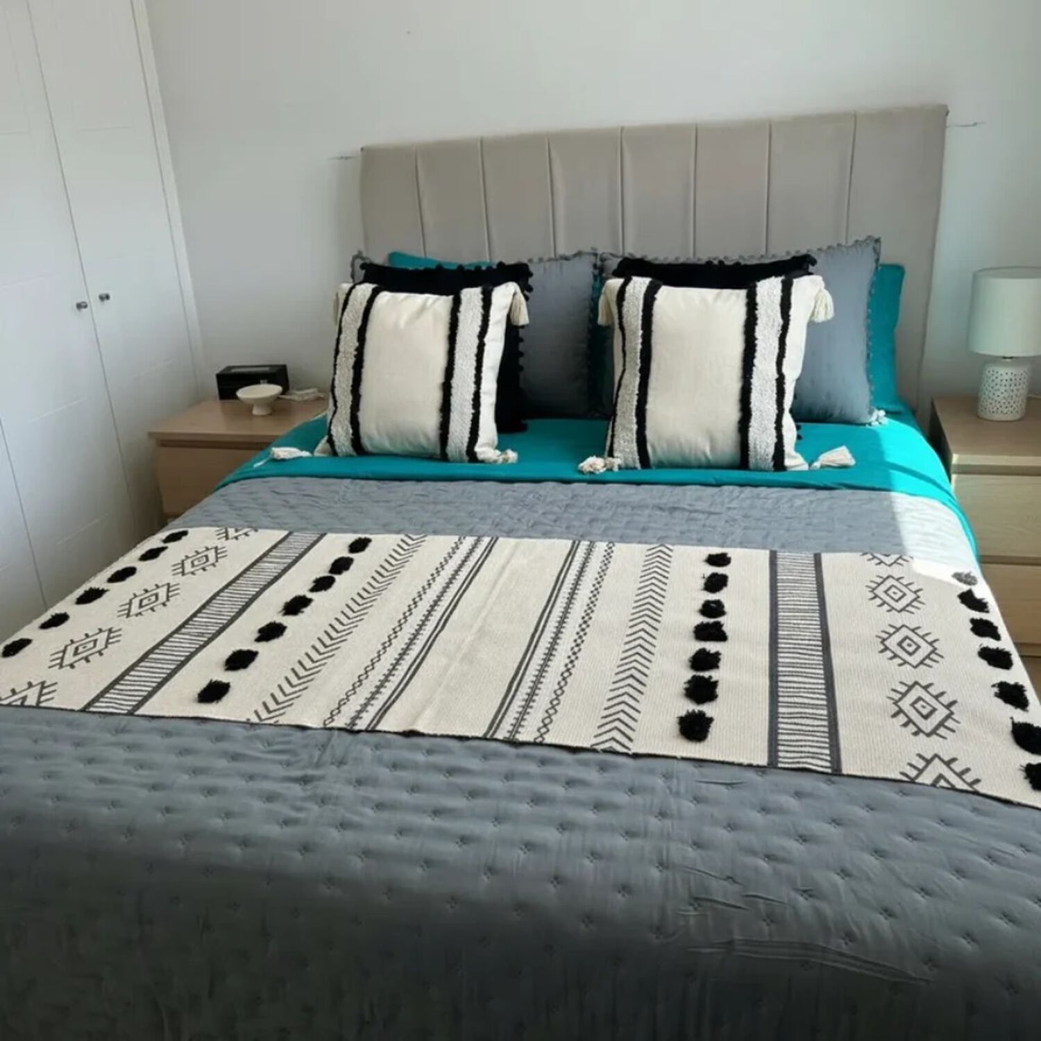 Set Ropa De Cama 7 Piezas Turquesa Gris Algod&oacute;n + Cojines 2 Plazas Super King image number 2.0