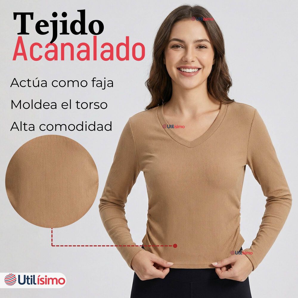 Pack 6 Camisetas Polar Polera Cuello V Mujer Manga Larga Tela Acanalada Colores Surtidos image number 4.0
