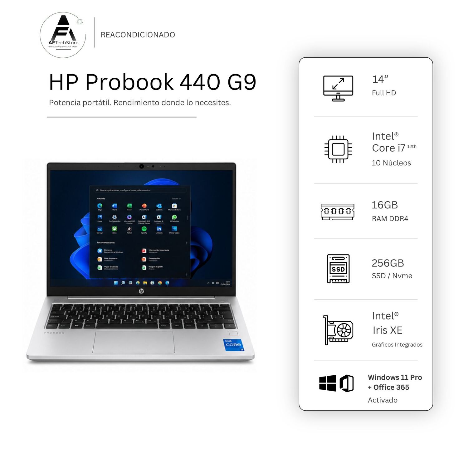 Notebook Hp 440 G9 I7 12th 16gb 256gb Intel Iris Xe Edición Exclusiva Win Office Rea