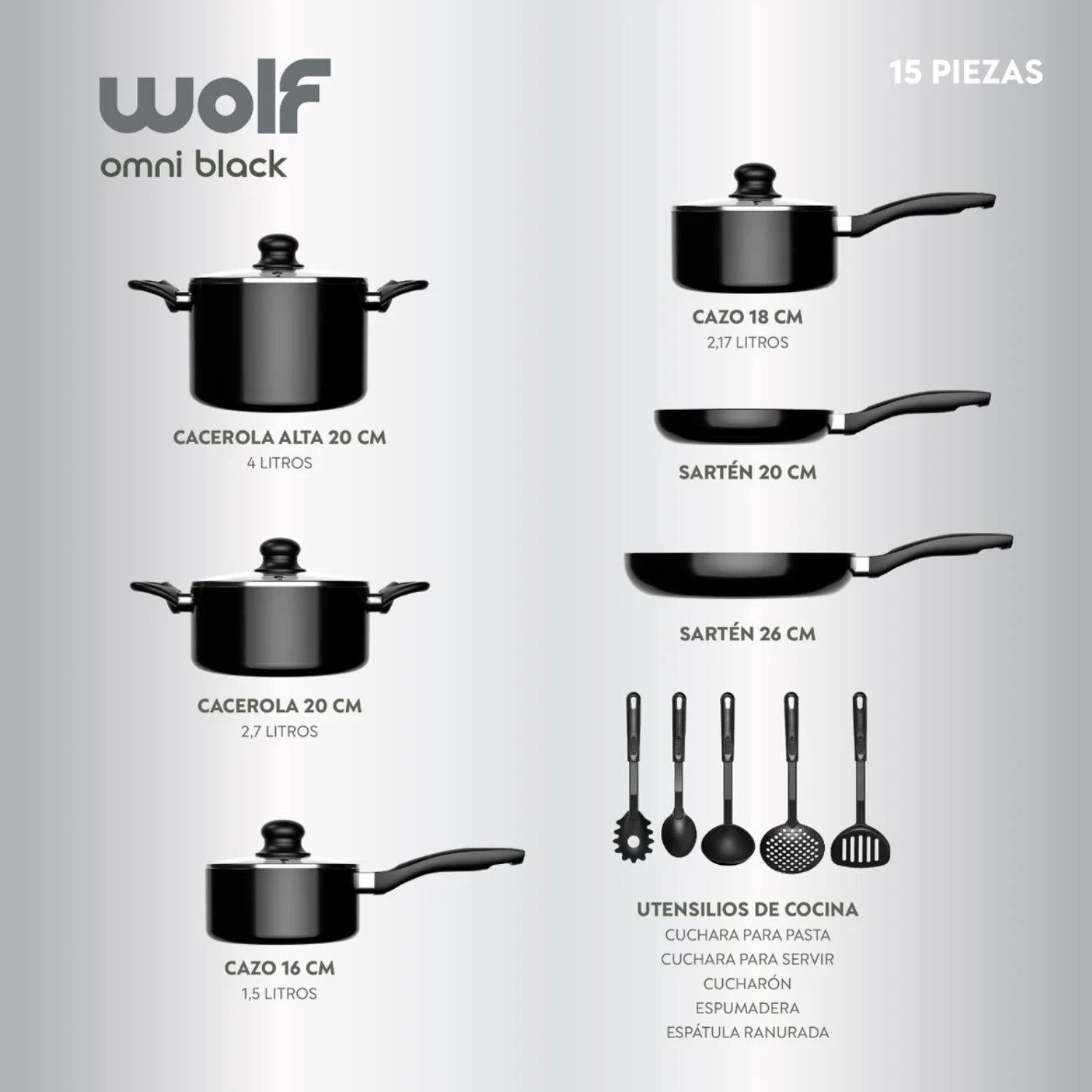 Bater&iacute;a Cocina 15 Piezas Aluminio Antiadherente Negro Wolf image number 1.0
