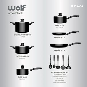 Batería Cocina 15 Piezas Aluminio Antiadherente Negro Wolf