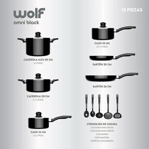 Bater&iacute;a Cocina 15 Piezas Aluminio Antiadherente Negro Wolf
