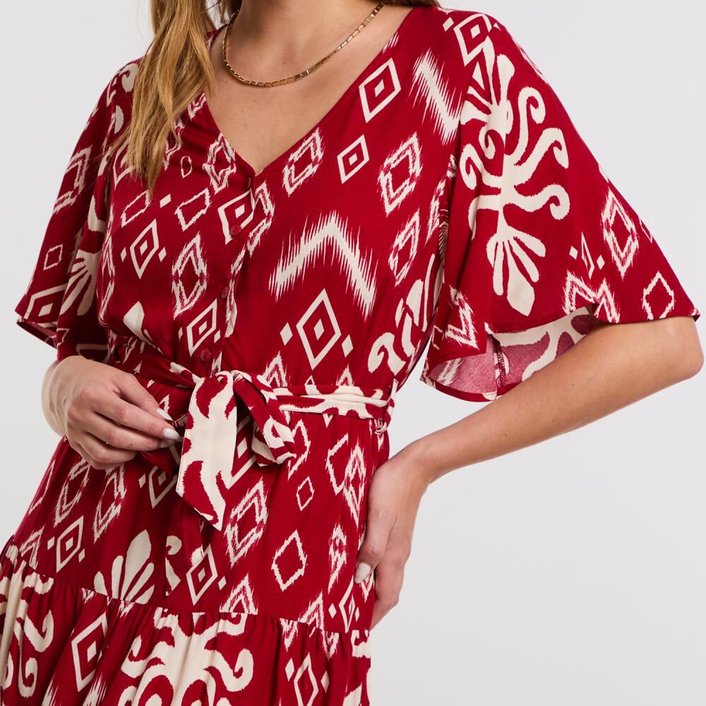 Vestido Full Print Maga Corta Con Vuelo Y Lazo En Cintura Mujer Kimera image number 4.0