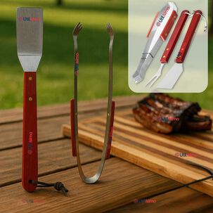Kit Parrillero 3 Piezas Pinza Espátula Tenedor Para Asados Mango Madera Acero Inoxidable