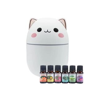 Pack Humidificador Dise&ntilde;o Gato Blanco + 6 Esencias Aromaticas
