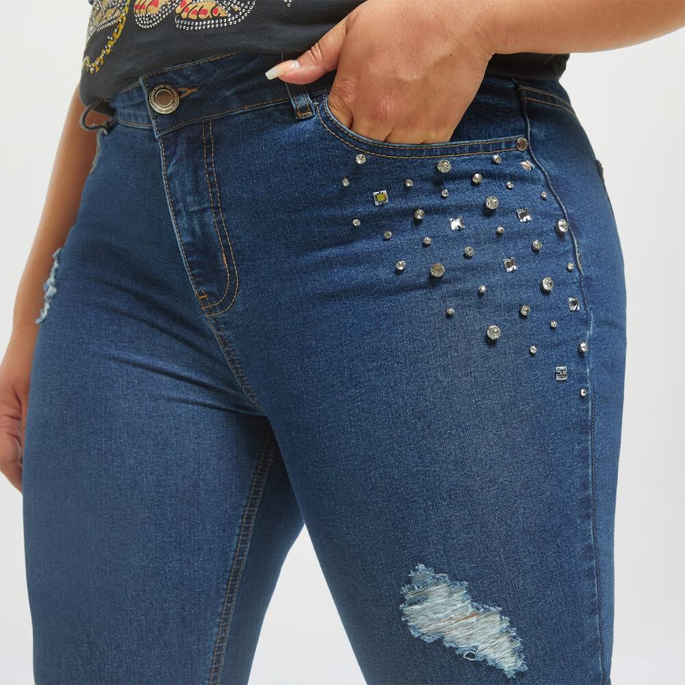 Jeans Talla Grande Aplicación Strass y Destroyer Slim Fit Mujer Sexy Large image number 4.0