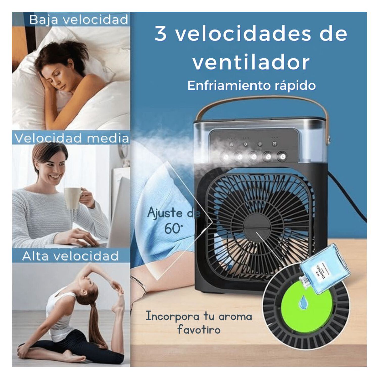 Climatizador Port&aacute;til Fr&iacute;o 4 En 1 Ventilador Humificador Enfriador Lampara Led 220v Usb Negro image number 3.0