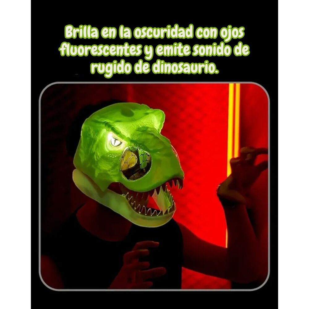 Mascara Infantil De Dinosaurio Rex Ne&oacute;n Luz Y Movimiento image number 2.0