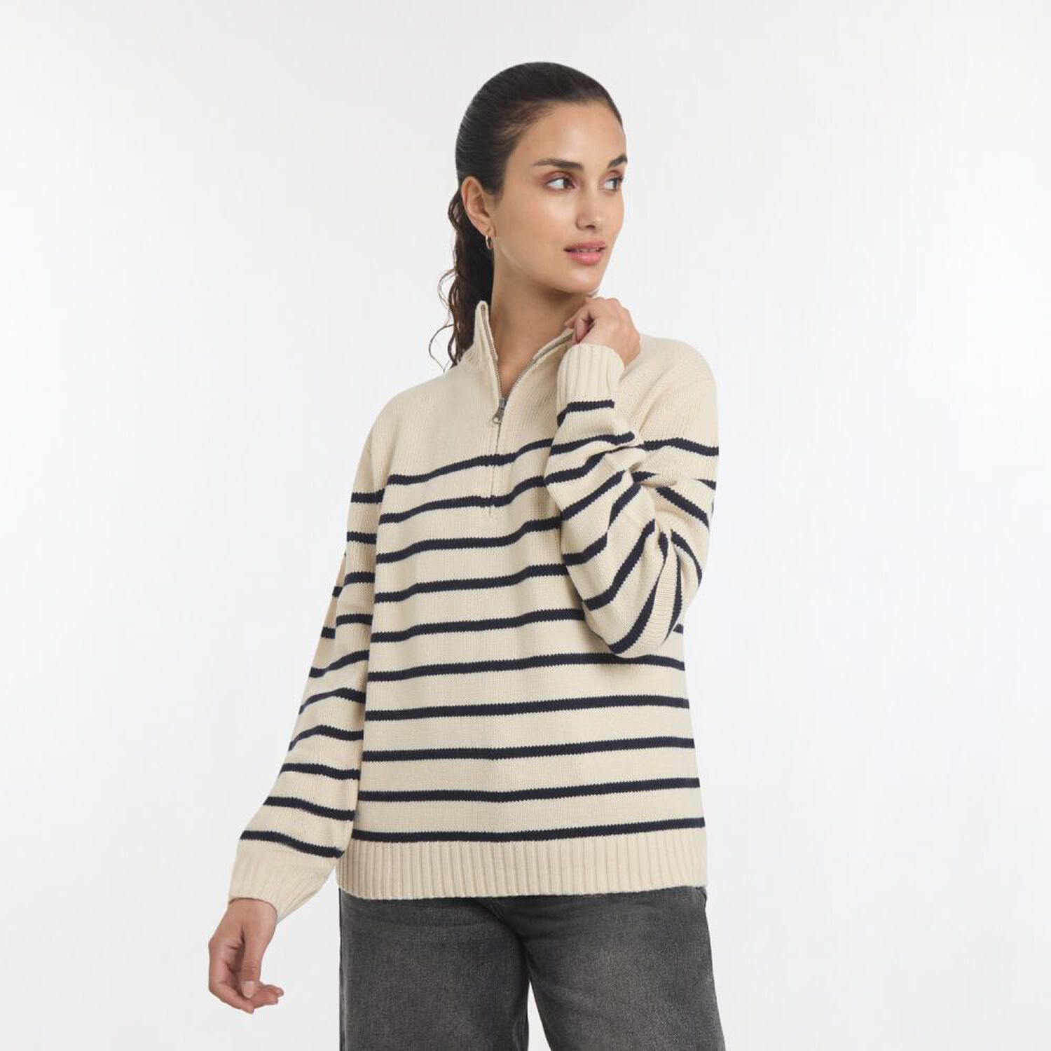 Sweater Rayas Manga Larga Cuello Alto Medio Cierre Mujer Freedom image number 0.0