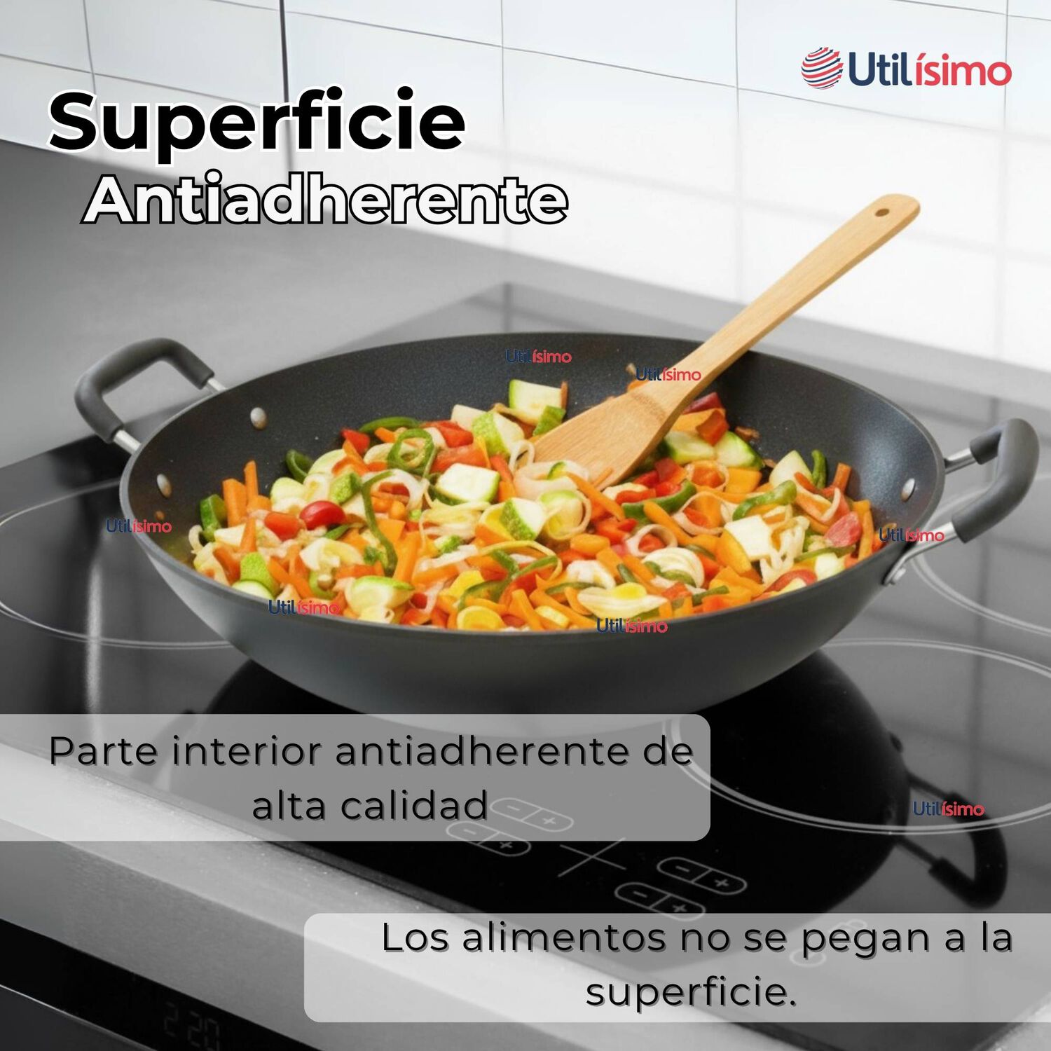 Wok Chino Acero Inoxidable Antiadherente 34cm+ Cuchara De Madera De Bamb&uacute; image number 5.0