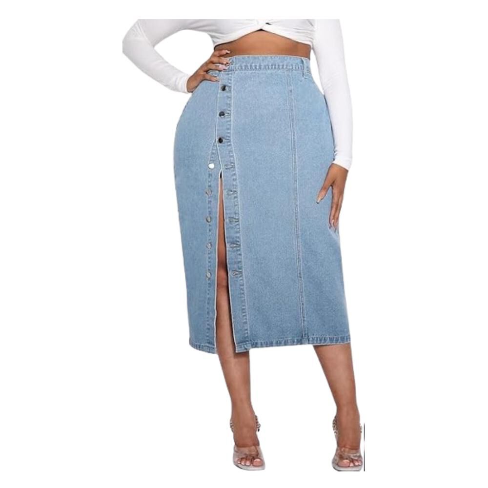 Falda Larga Jeans Mezclilla Botones Delantero Tiro Alto image number 1.0
