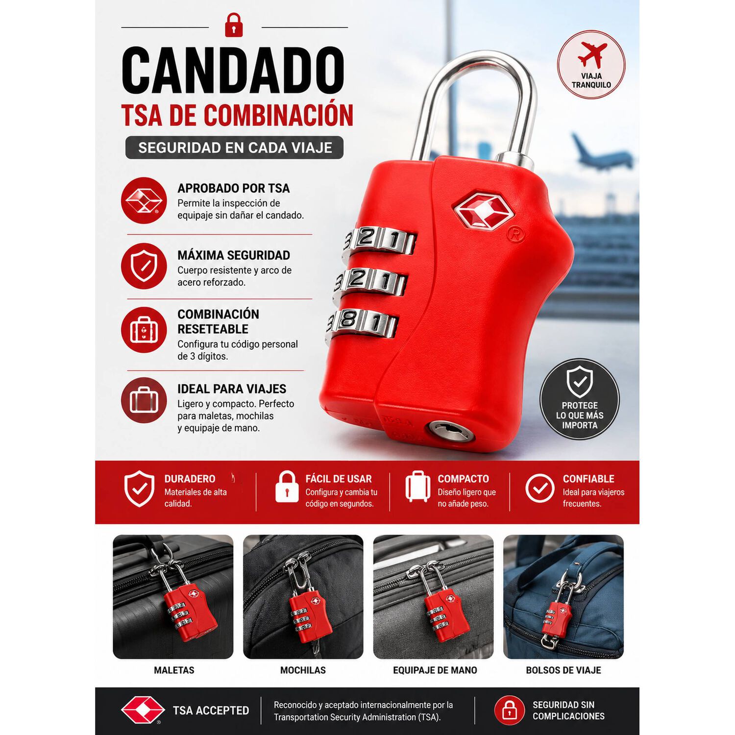 Candado Tsa 33mm Seguridad Maleta Locker Llave Y Clave Rojo image number 4.0