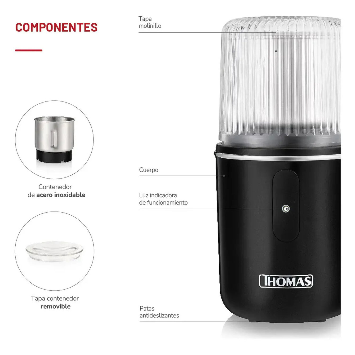 Molinillo De Caf&eacute; El&eacute;ctrico Thomas Th32 180w Moledor Molino De Caf&eacute; Granos Especias Y Frutos Secos Capacidad 55 G Cuchillas 4 Fold Blades Acero Inoxid image number 6.0