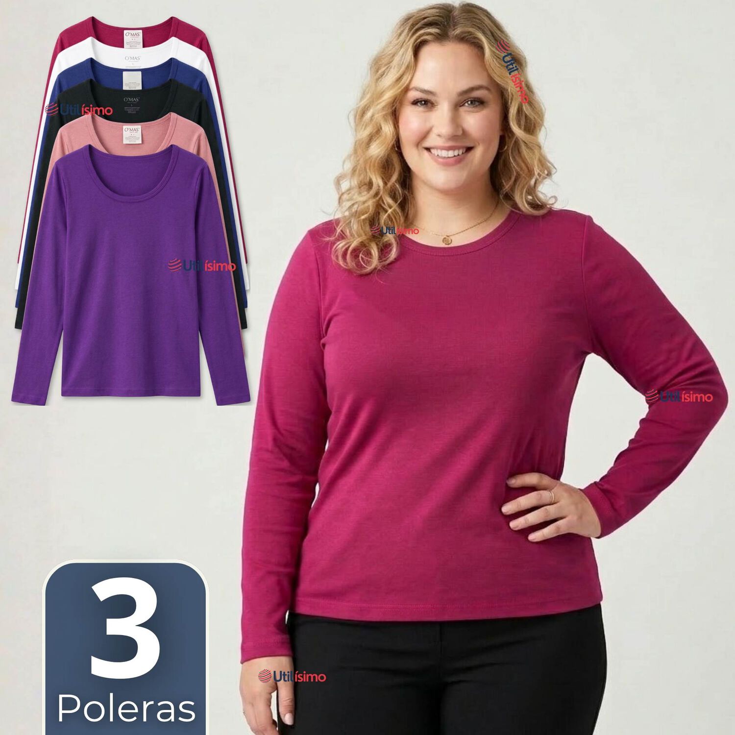 Pack 3 Camisetas Poleras Polar Primera Capa Manga Larga Colores Surtidos Mujer image number 0.0