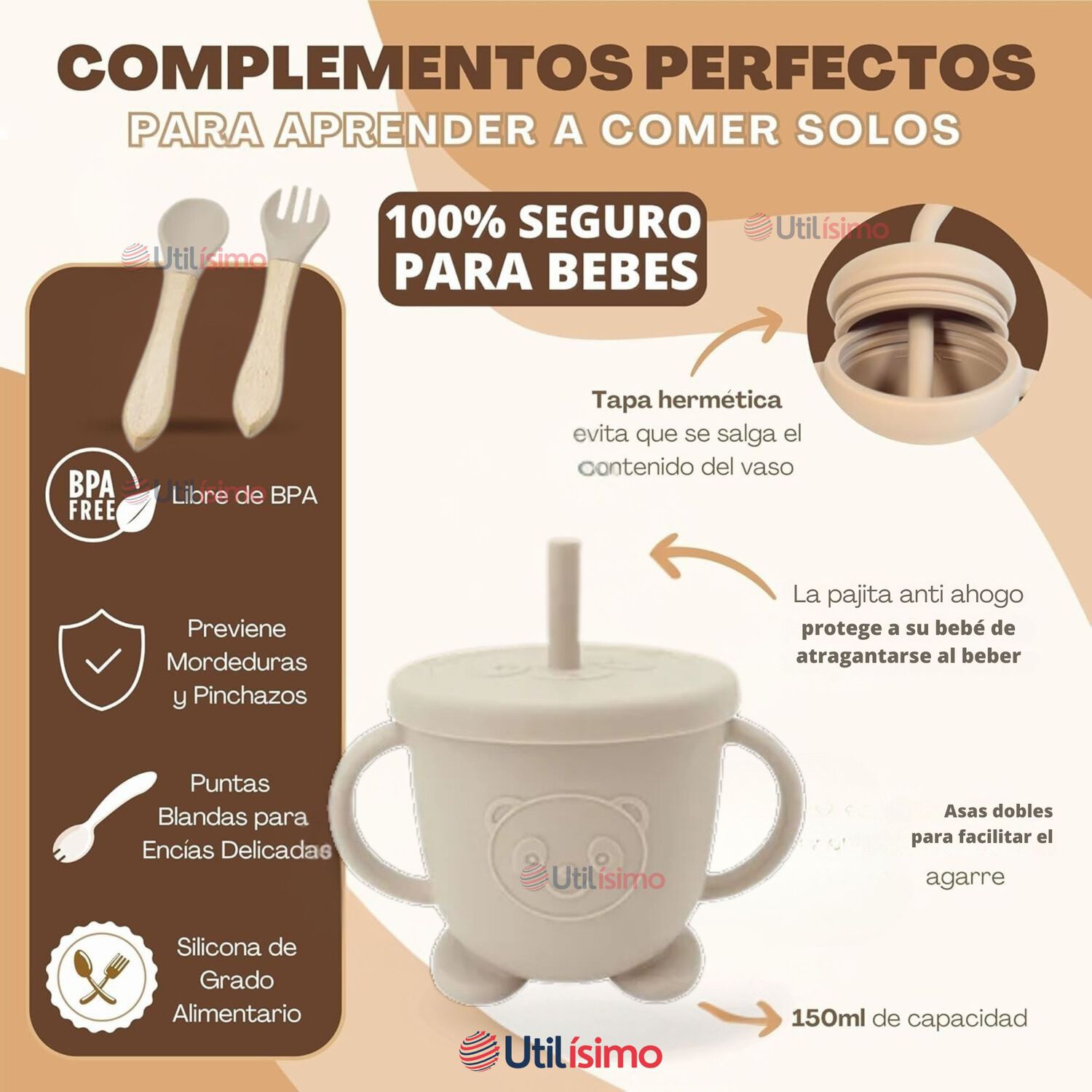 Set De Alimentaci&oacute;n Beb&eacute; Silicona De Formas 6 Piezas Libre Bpa Color Beige image number 9.0