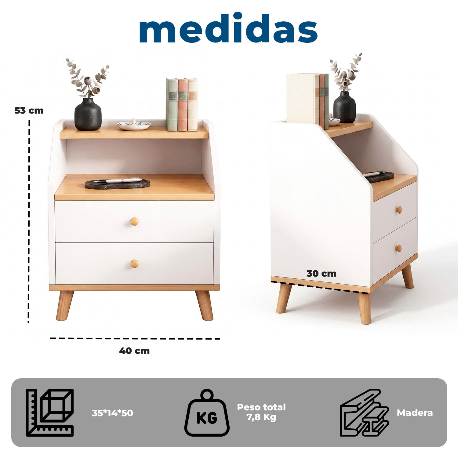 Velador De Madera Con 2 Cajones Y Doble Repisa 53x40x30 Cm image number 4.0