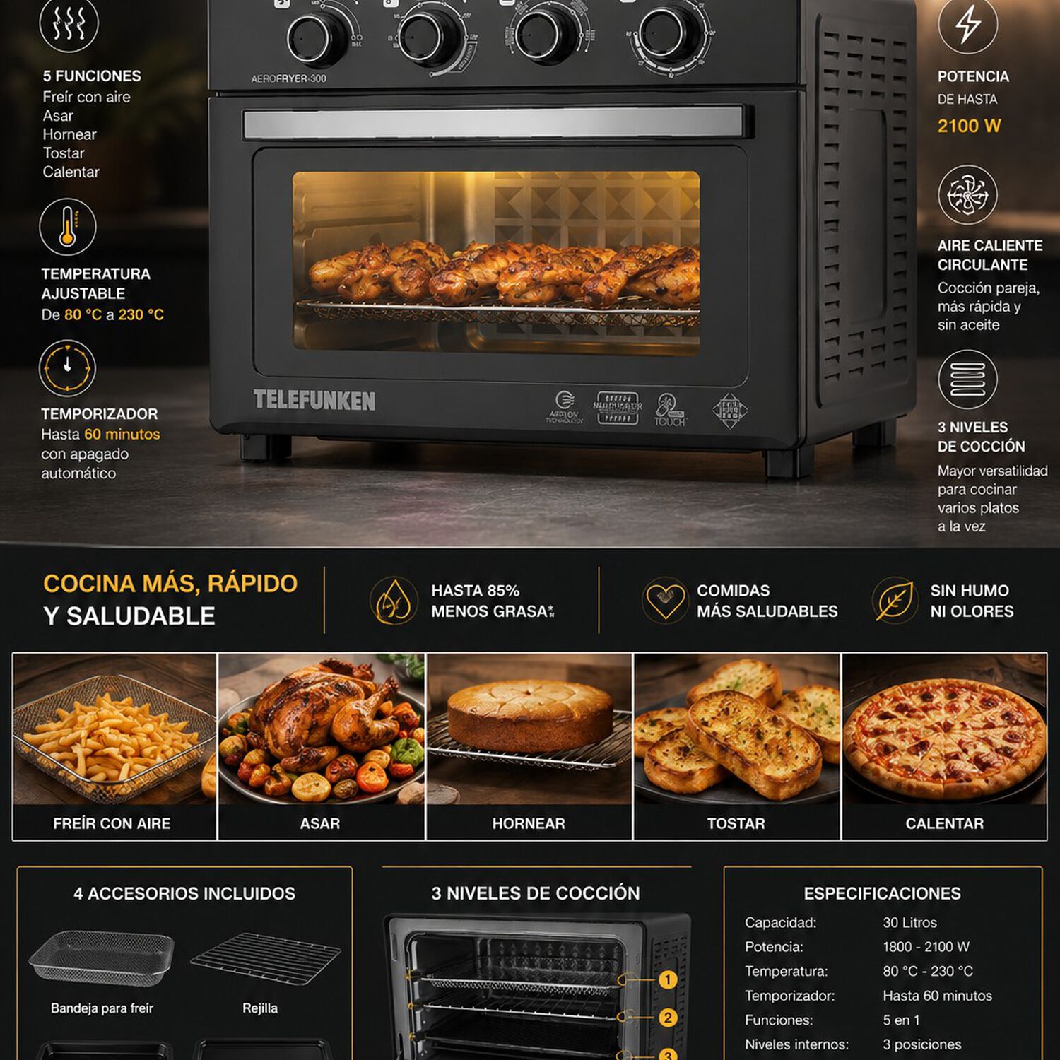 Horno Freidora De Aire Telefunken Aerofryer 300 30l 2100w image number 2.0