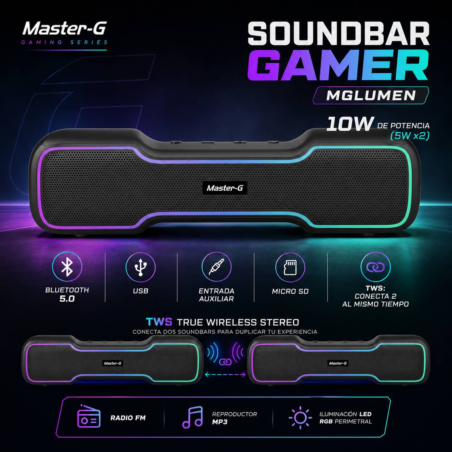 Soundbar Parlante Gamer Bluetooth Rgb 10w Mglumen Master-g image number 2.0