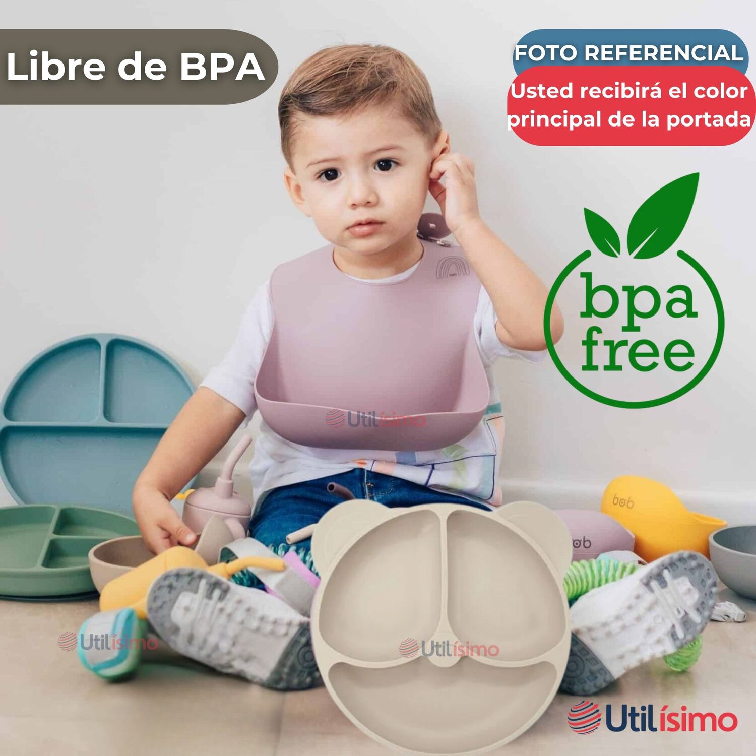 Set De Alimentaci&oacute;n Beb&eacute; Silicona De Oso 6 Piezas Libre Bpa Color Beige image number 2.0