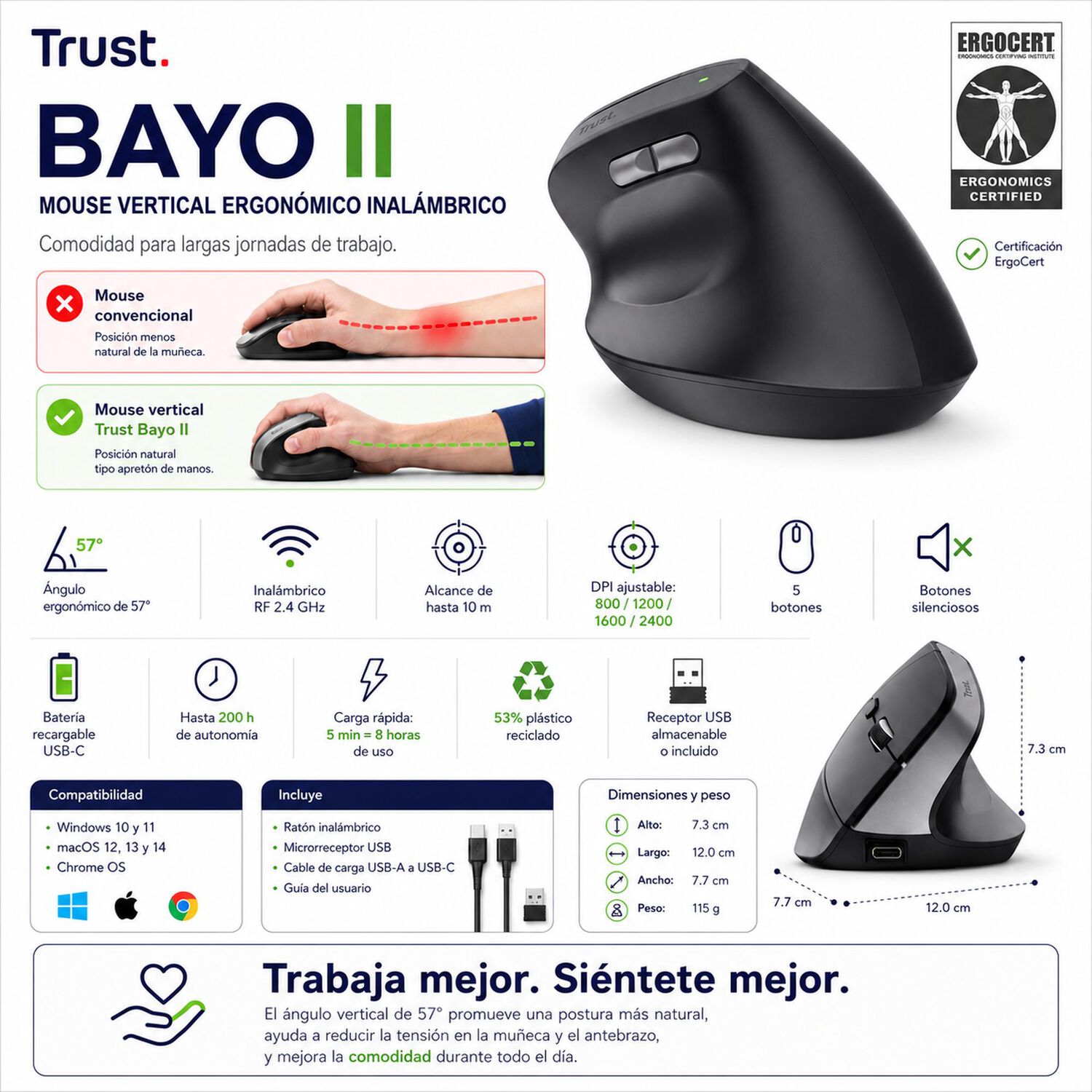 Mouse Vertical Inal&aacute;mbrico Trust Bayo Ii Recargable Ergonomico image number 7.0