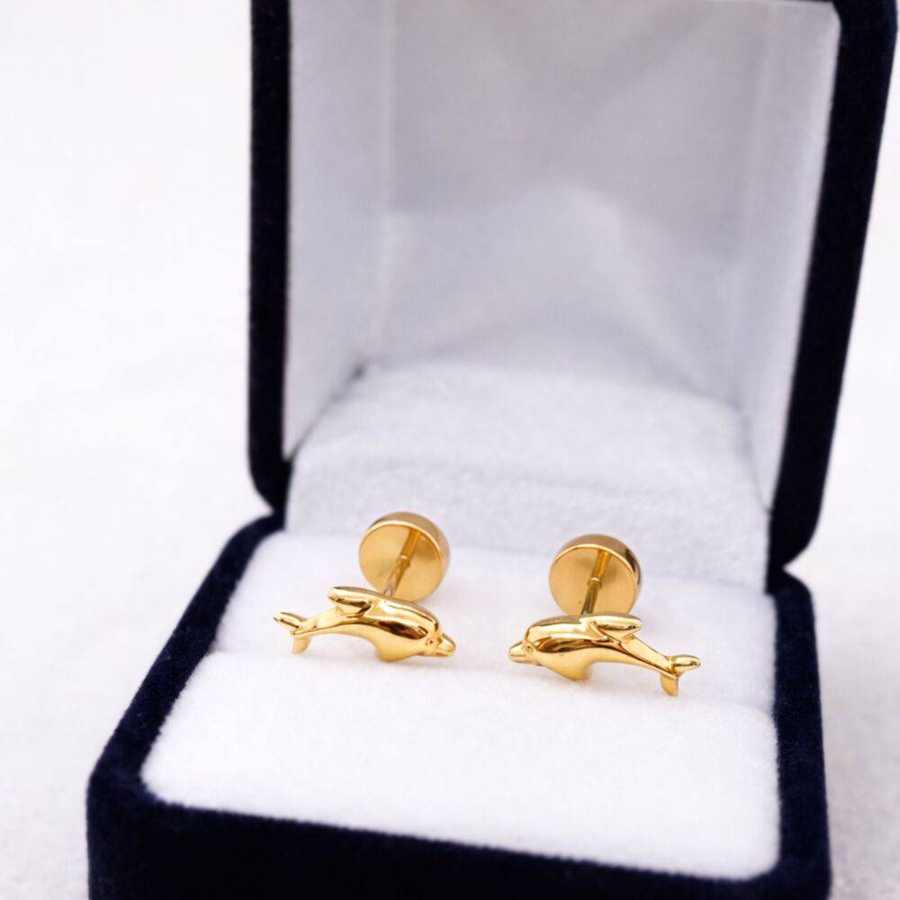 Aros Abridores Delf&iacute;n 4x9mm Oro 14k A Presi&oacute;n Beb&eacute; Ni&ntilde;a Hipoalerg&eacute;nicos image number 1.0
