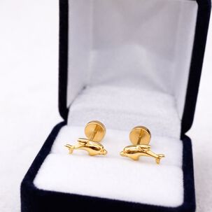 Aros Abridores Delf&iacute;n 4x9mm Oro 14k A Presi&oacute;n Beb&eacute; Ni&ntilde;a Hipoalerg&eacute;nicos