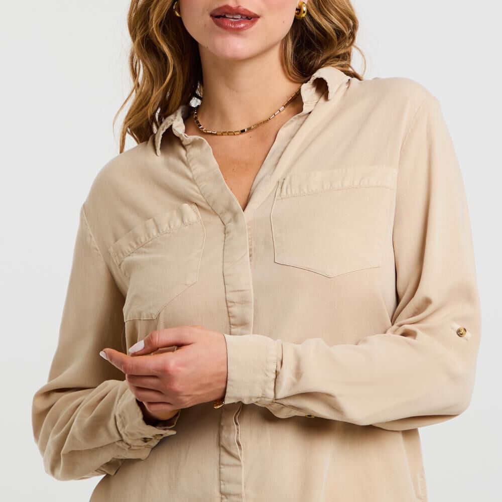 Blusa Lisa Abotonada Lyocell Manga Larga Cuello Camisero Mujer Kimera image number 4.0