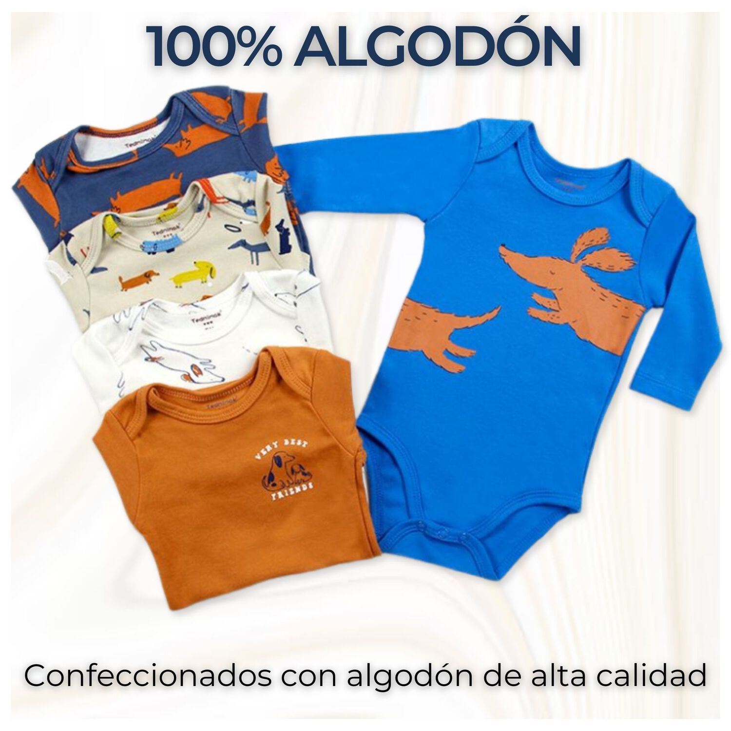 Pack 5 Bodys Beb&eacute; Ni&ntilde;o Manga Larga Tedmimak 100% Algod&oacute;n Various Dog image number 1.0