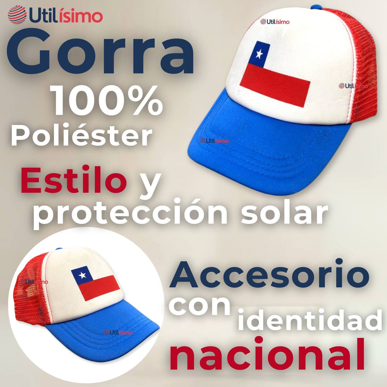Gorro Jockey Talla &Uacute;nica Ajustable Malla Poli&eacute;ster Estampado Chileno image number 1.0