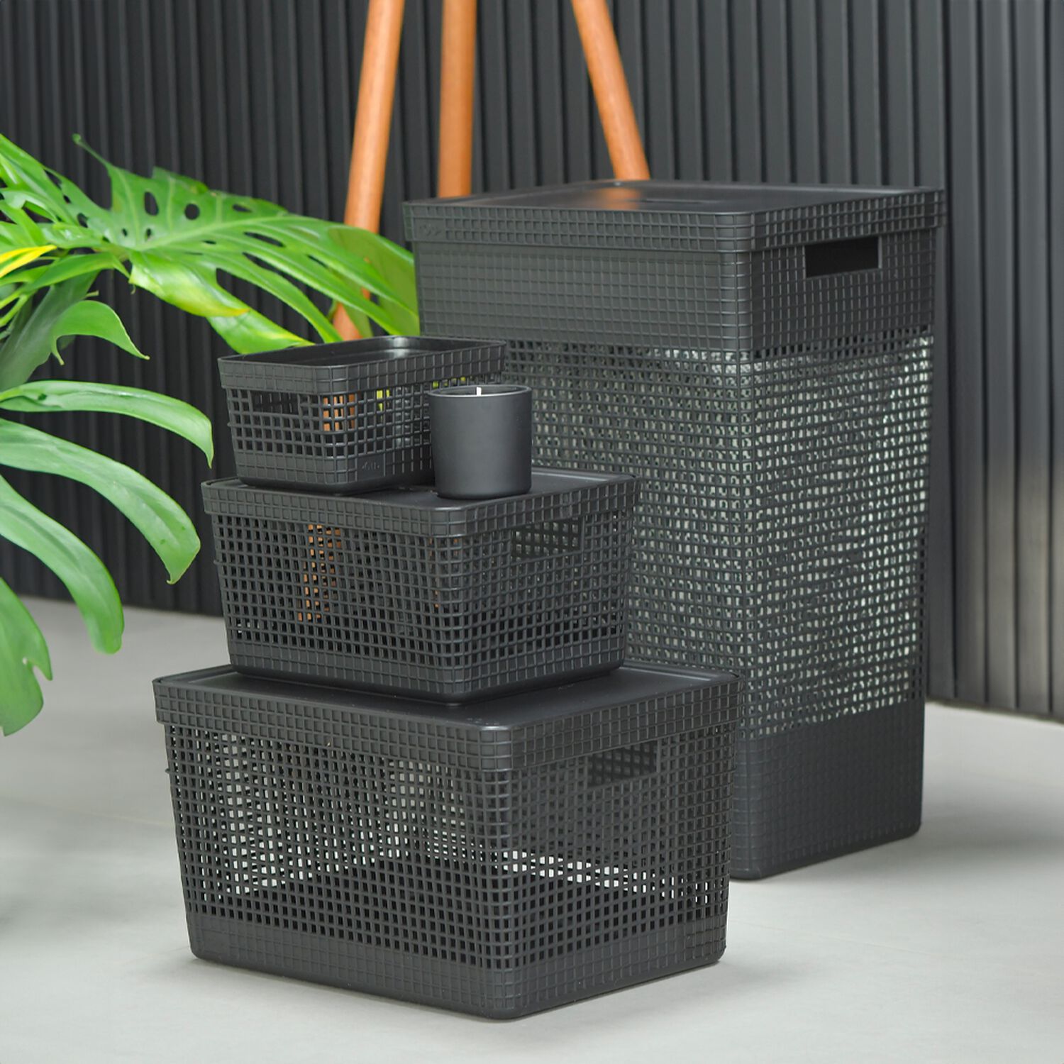 Cesta De Ropa Grid Con Tapa 49 L Negro image number 1.0