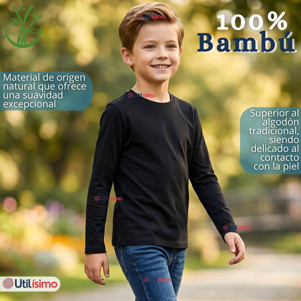 Pack 3 Poleras Camisetas Bamb&uacute; Negra Cuello Redondo Primera Capa Manga Larga Ni&ntilde;o image number 3.0