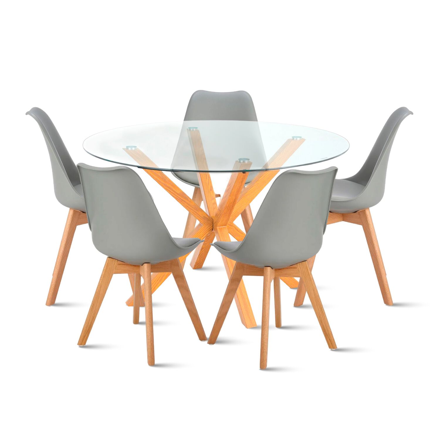 Comedor Redondo De Vidrio Cross 120cm + 5 Silla Tulip Acolchada - Gris image number 0.0