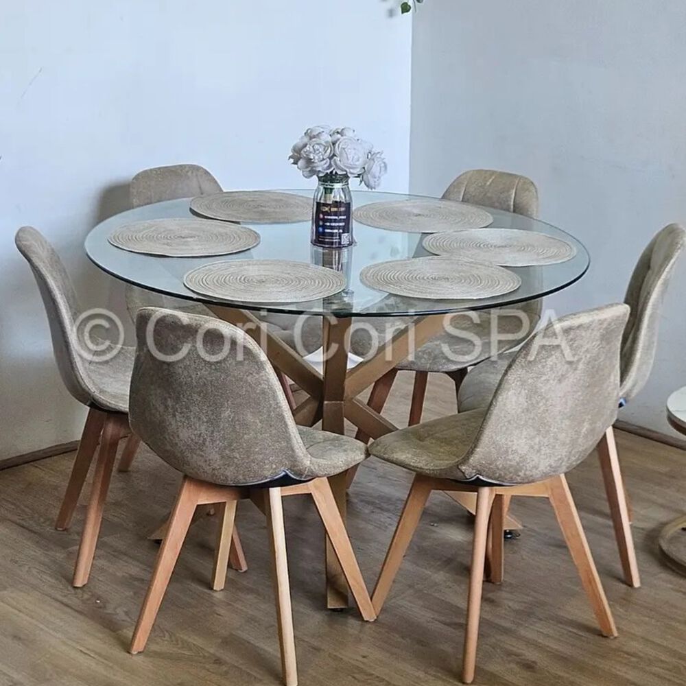 Comedor Warwick 120cm + 6 Sillas Capitonne Ecocuero Vintage Beige image number 0.0