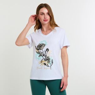 Polera Lisa Con Estampado Manga Corta Cuello V Mujer Lesage