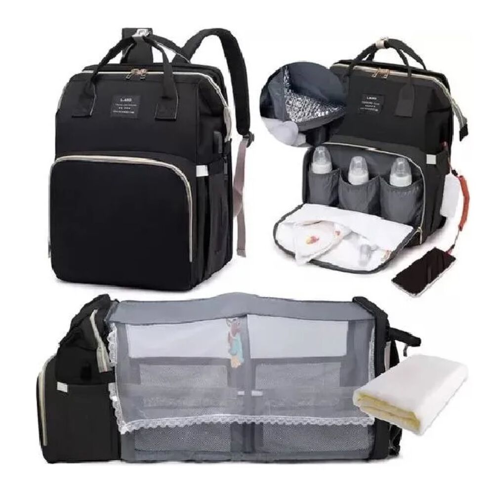 Mochila 3 En 1 Pañalera Cuna Y Mudador Portátil Para Bebés Color Negro image number 3.0