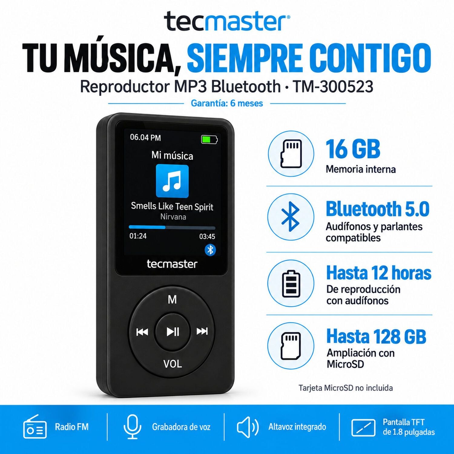 Reproductor Mp3 Tecmaster Tm-300523 16gb Bluetooth Negro image number 6.0