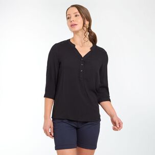 Blusa Lisa Con Aplicación En Hombros Manga 3/4 Cuello V Mujer Geeps