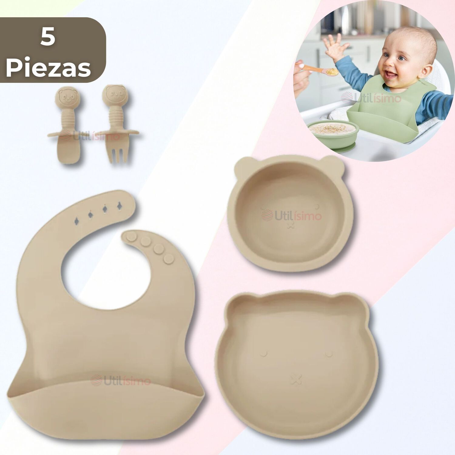 Set De Alimentaci&oacute;n Beb&eacute; Silicona 5 Piezas De Osito Libre Bpa Color Beige image number 0.0