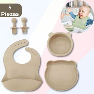 Set De Alimentaci&oacute;n Beb&eacute; Silicona 5 Piezas De Osito Libre Bpa Color Beige