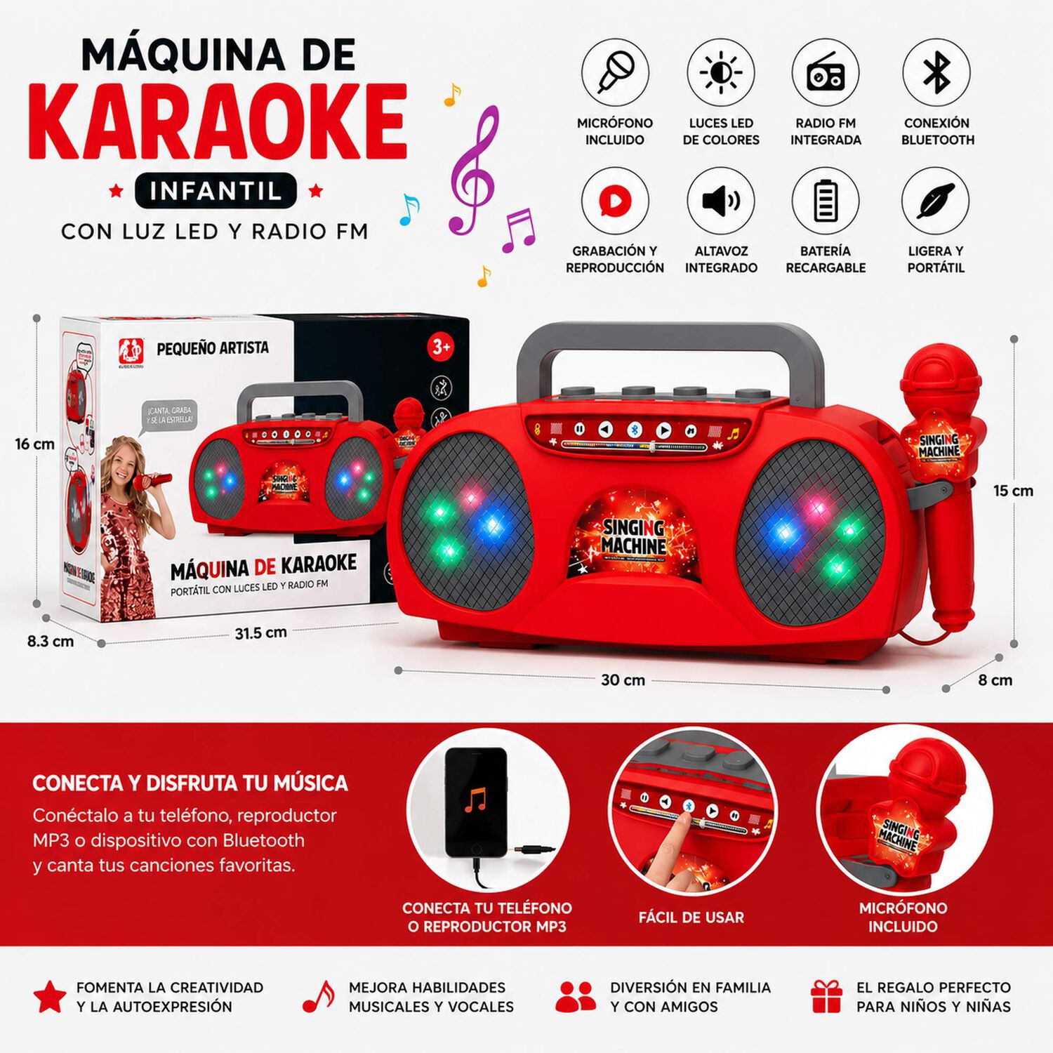Micr&oacute;fono Karaoke Ni&ntilde;os Luz Led Parlante Bluetooth image number 7.0