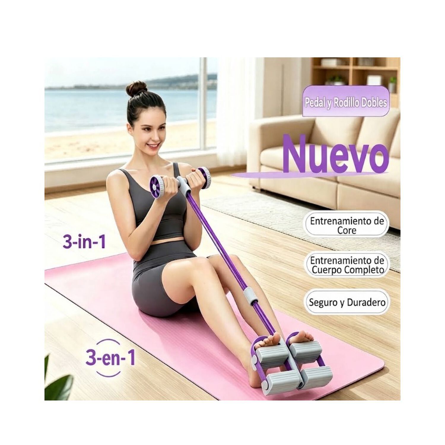 Ejercitador Multifuncional 3 En 1 Con Pedales Y Rodillo Abdominal 6 Tubos image number 4.0
