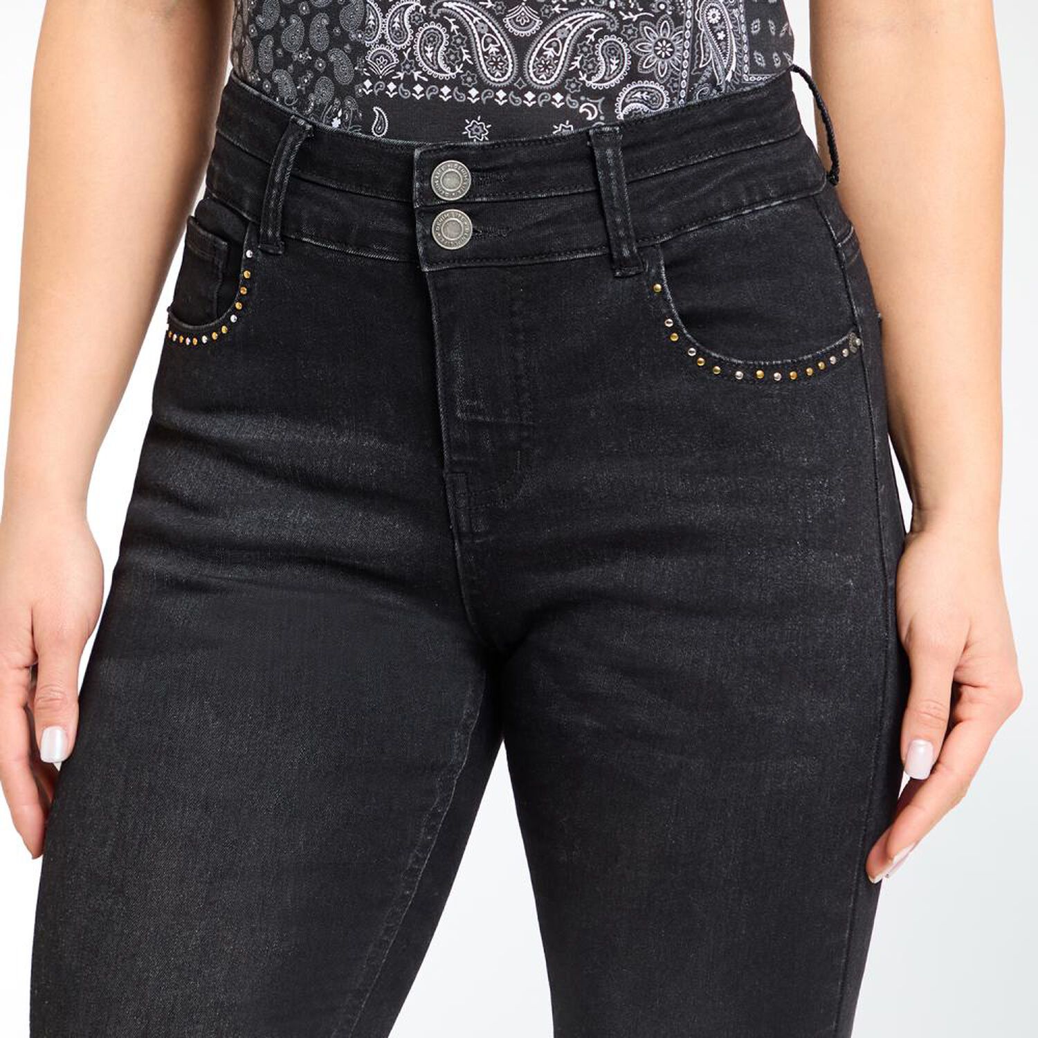 Jeans Brillos Tiro Alto Flare Mujer Geeps image number 4.0